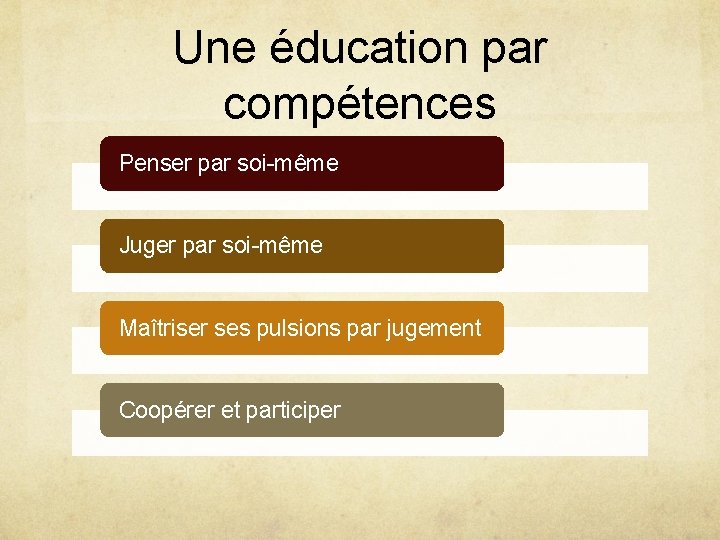 Une éducation par compétences Penser par soi-même Juger par soi-même Maîtriser ses pulsions par