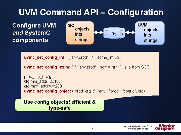 UVM Command API – Configuration Configure UVM and System. C components uvmc_set_config_int SC objects