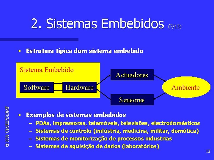 2. Sistemas Embebidos (7/13) § Estrutura típica dum sistema embebido Sistema Embebido Software Actuadores 2. Sistemas Embebidos (7/13) § Estrutura típica dum sistema embebido Sistema Embebido Software Actuadores