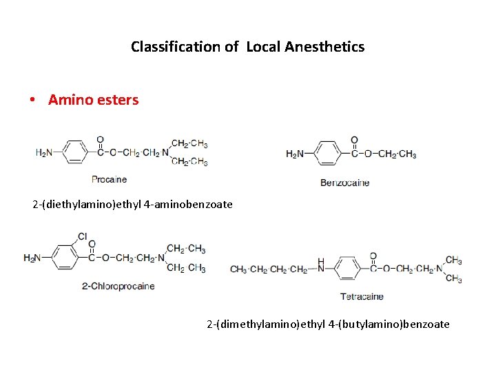 Classification of Local Anesthetics • Amino esters 2 -(diethylamino)ethyl 4 -aminobenzoate 2 -(dimethylamino)ethyl 4 Classification of Local Anesthetics • Amino esters 2 -(diethylamino)ethyl 4 -aminobenzoate 2 -(dimethylamino)ethyl 4