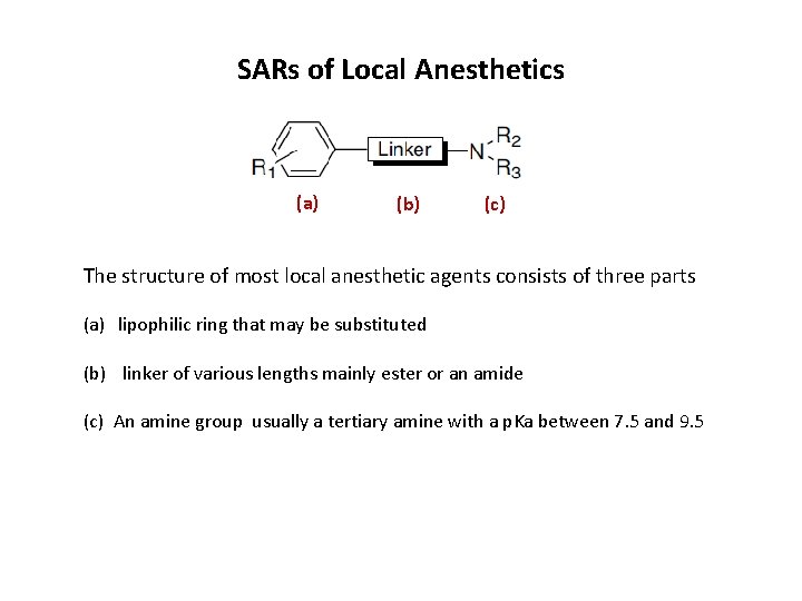 SARs of Local Anesthetics (a) (b) (c) The structure of most local anesthetic agents SARs of Local Anesthetics (a) (b) (c) The structure of most local anesthetic agents