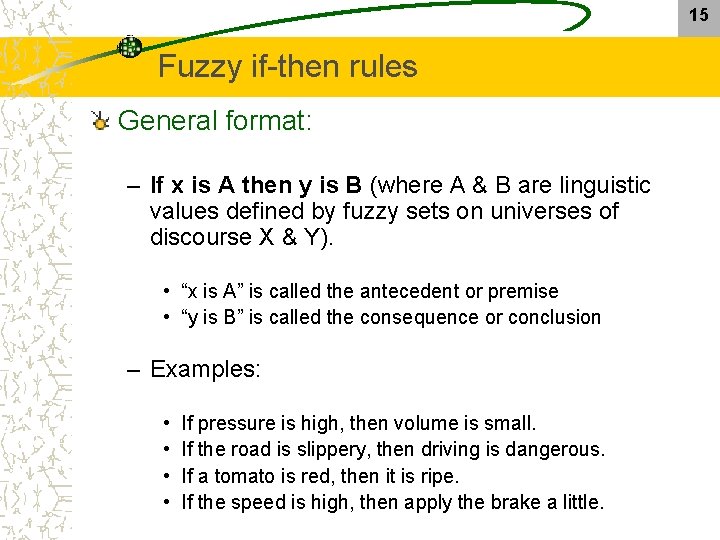15 Fuzzy if-then rules General format: – If x is A then y is 15 Fuzzy if-then rules General format: – If x is A then y is