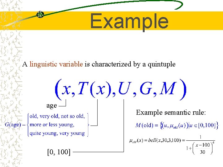 Example A linguistic variable is characterized by a quintuple age [0, 100] Example semantic