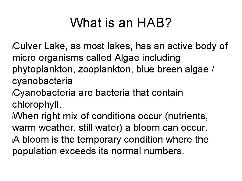 What is an HAB? Culver Lake, as most lakes, has an active body of