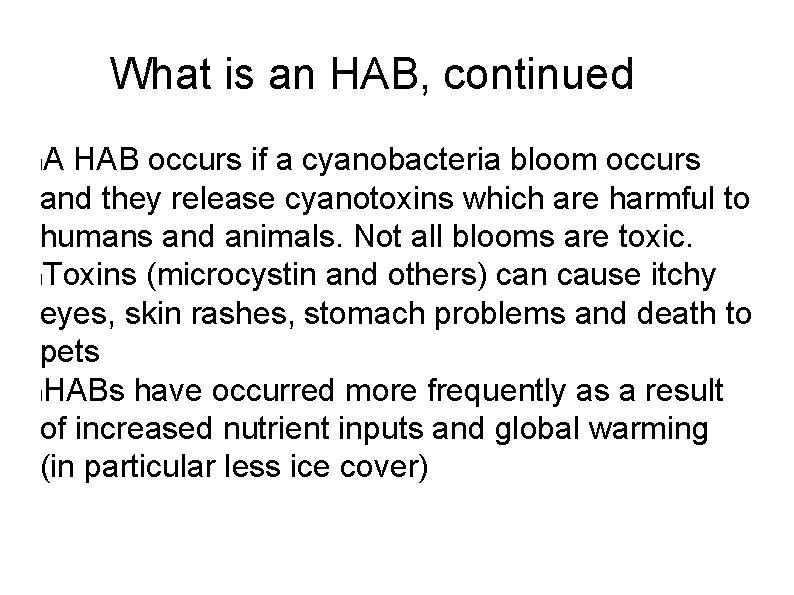 What is an HAB, continued A HAB occurs if a cyanobacteria bloom occurs and