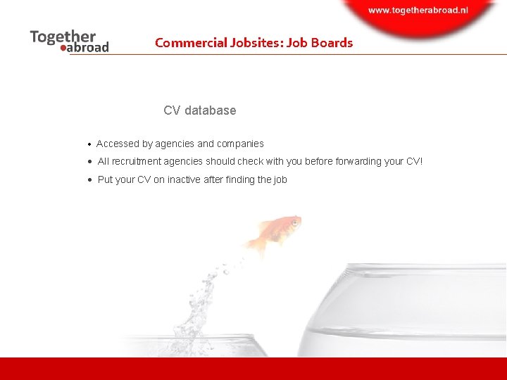 Commercial Jobsites: Job Boards CV database Accessed by agencies and companies All recruitment agencies