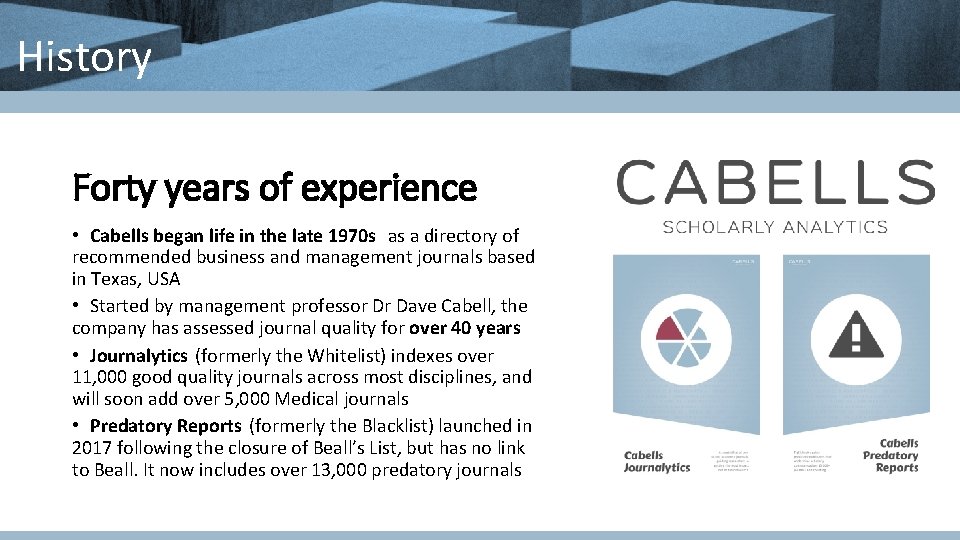 History Forty years of experience • Cabells began life in the late 1970 s History Forty years of experience • Cabells began life in the late 1970 s