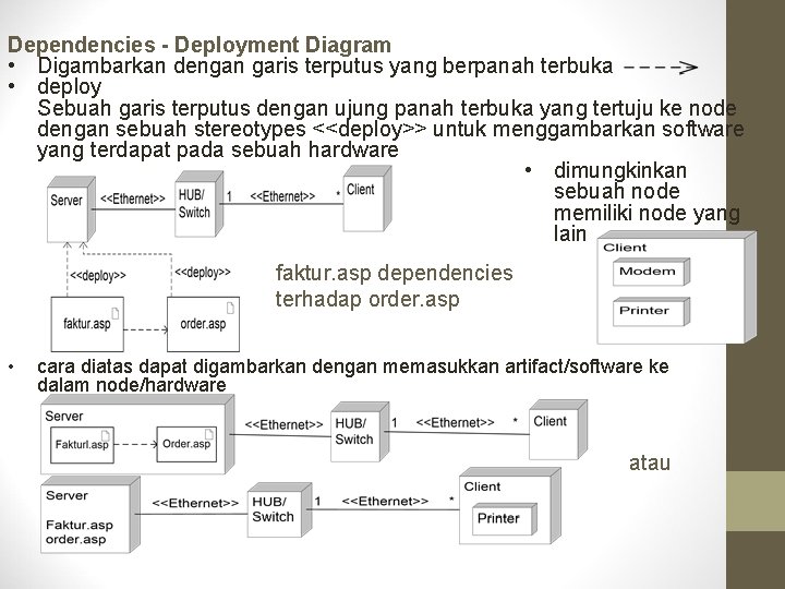 Dependencies - Deployment Diagram • Digambarkan dengan garis terputus yang berpanah terbuka • deploy Dependencies - Deployment Diagram • Digambarkan dengan garis terputus yang berpanah terbuka • deploy