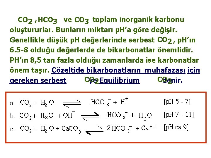 CO 2 , HCO 3 ve CO 3 toplam inorganik karbonu oluştururlar. Bunların miktarı