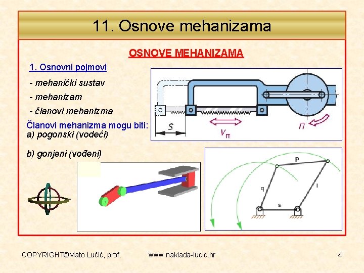 11. Osnove mehanizama OSNOVE MEHANIZAMA 1. Osnovni pojmovi - mehanički sustav - mehanizam -