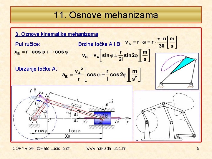 11. Osnove mehanizama 3. Osnove kinematike mehanizama Put ručice: Brzina točke A i B: