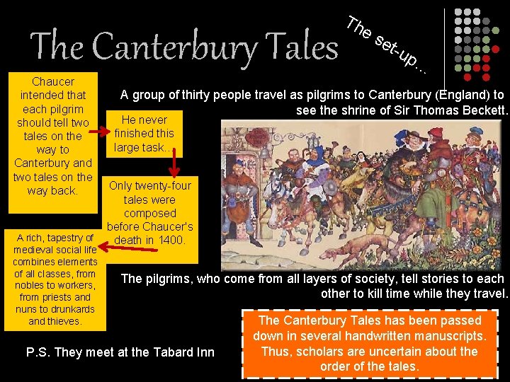 The Canterbury Tales Chaucer intended that each pilgrim should tell two tales on the