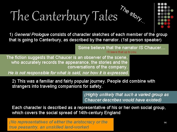 The Canterbury Tales Th e s tor y… 1) General Prologue consists of character