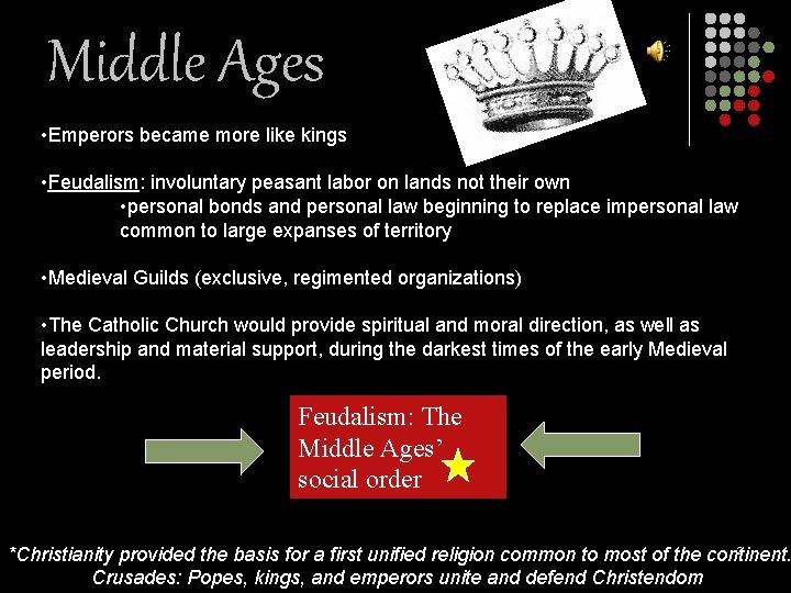 Middle Ages • Emperors became more like kings • Feudalism: involuntary peasant labor on