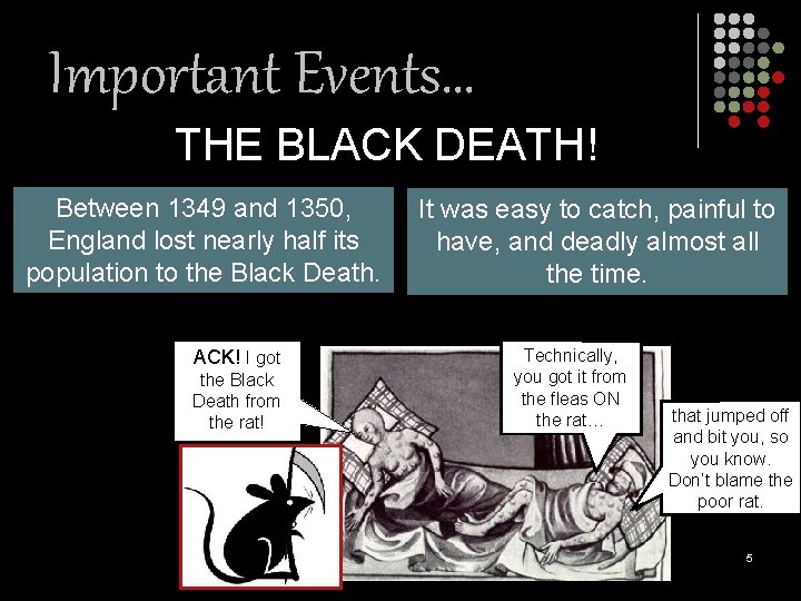Important Events… THE BLACK DEATH! Between 1349 and 1350, England lost nearly half its