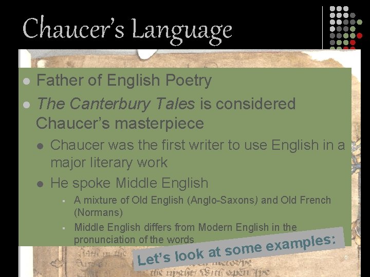 Chaucer’s Language l l Father of English Poetry The Canterbury Tales is considered Chaucer’s
