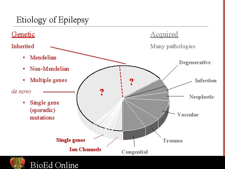 Etiology of Epilepsy Genetic Acquired Inherited Many pathologies • Mendelian Degenerative • Non-Mendelian •