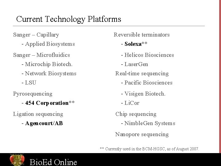 Current Technology Platforms Sanger – Capillary - Applied Biosystems Reversible terminators - Solexa** Sanger