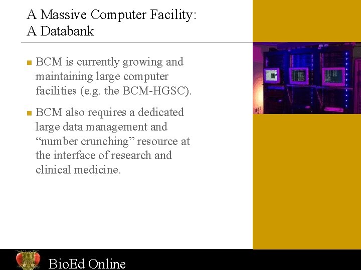 A Massive Computer Facility: A Databank n n BCM is currently growing and maintaining
