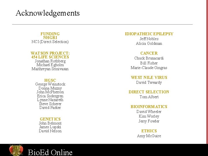 Acknowledgements FUNDING NHGRI NCI (Direct Selection) IDIOPATHEIC EPILEPSY Jeff Nobles Alicia Goldman WATSON PROJECT: