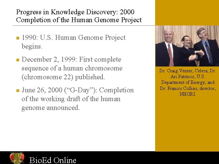 Progress in Knowledge Discovery: 2000 Completion of the Human Genome Project n n n