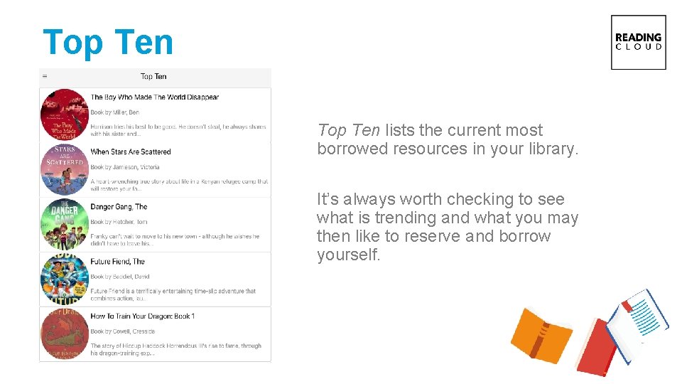 Top Ten lists the current most borrowed resources in your library. It’s always worth