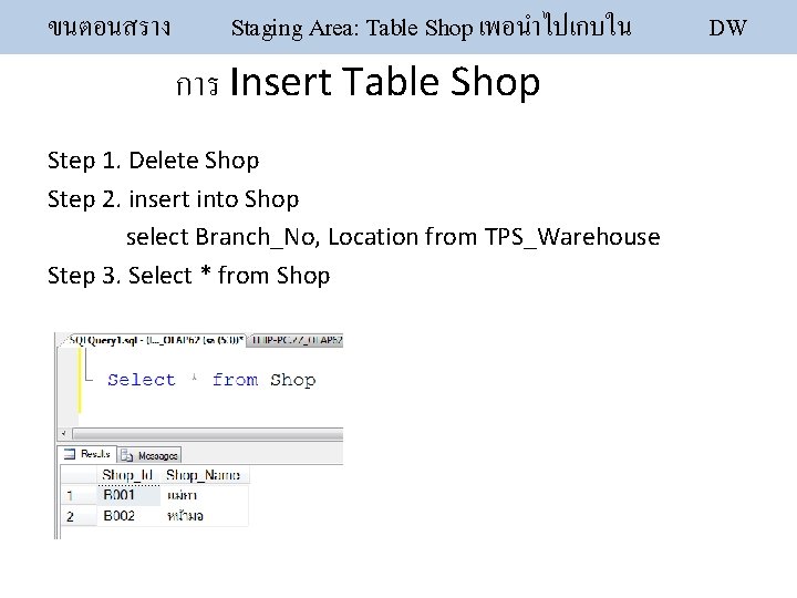 ขนตอนสราง Staging Area: Table Shop เพอนำไปเกบใน การ Insert Table Shop Step 1. Delete Shop