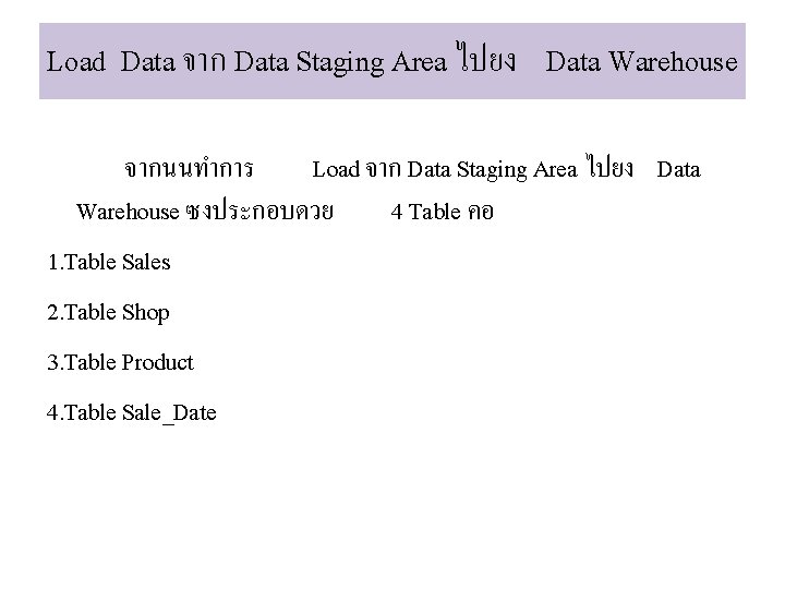 Load Data จาก Data Staging Area ไปยง Data Warehouse จากนนทำการ Load จาก Data Staging