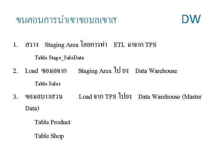 ขนตอนการนำเขาขอมลเขาส DW 1. สราง Staging Area โดยการทำ ETL มาจาก TPS Table Stage_Sale. Data 2.