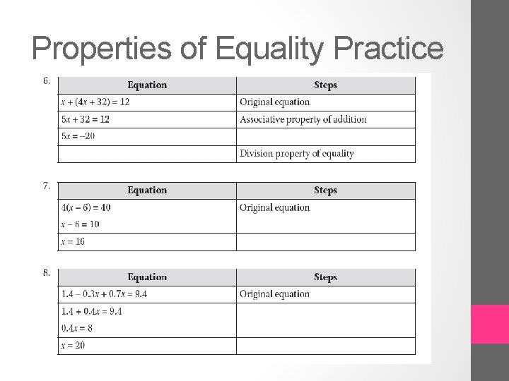 Properties of Equality Practice 