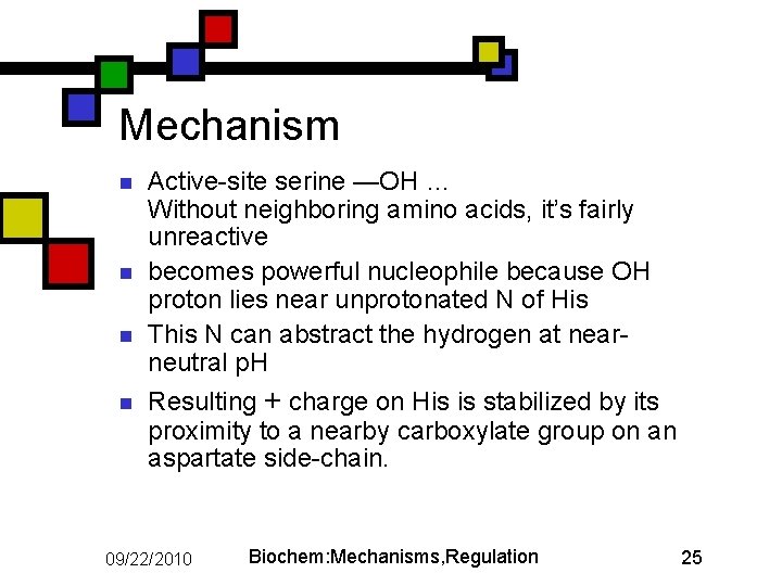 Mechanism n n Active-site serine —OH … Without neighboring amino acids, it’s fairly unreactive