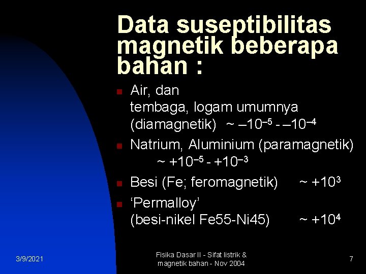 Data suseptibilitas magnetik beberapa bahan : n n 3/9/2021 Air, dan tembaga, logam umumnya