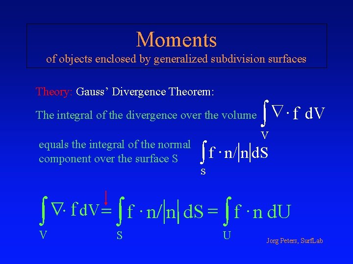 Moments of objects enclosed by generalized subdivision surfaces Theory: Gauss’ Divergence Theorem: The integral