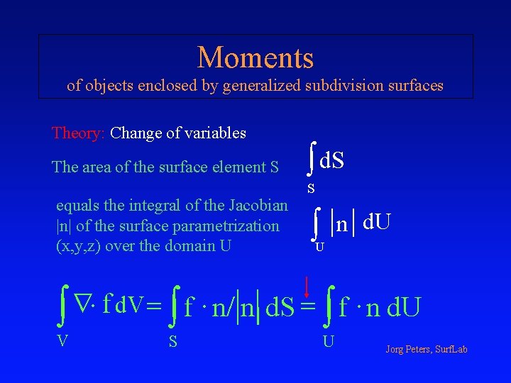 Moments of objects enclosed by generalized subdivision surfaces Theory: Change of variables The area
