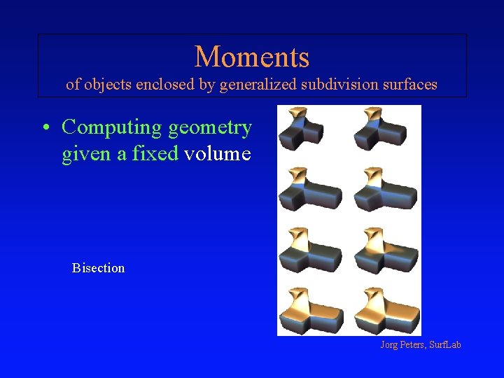 Moments of objects enclosed by generalized subdivision surfaces • Computing geometry given a fixed