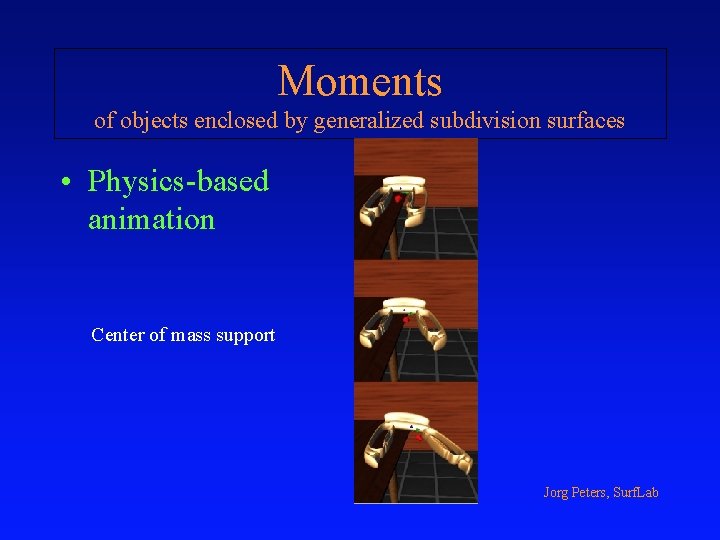 Moments of objects enclosed by generalized subdivision surfaces • Physics-based animation Center of mass