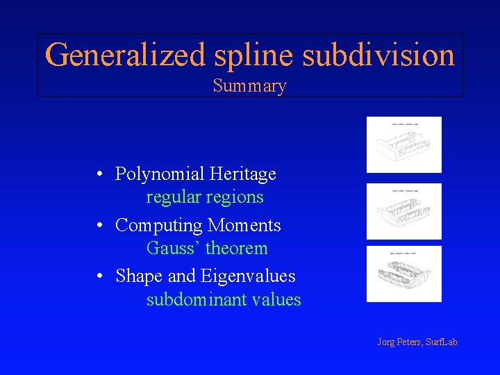 Generalized spline subdivision Summary • Polynomial Heritage regular regions • Computing Moments Gauss’ theorem