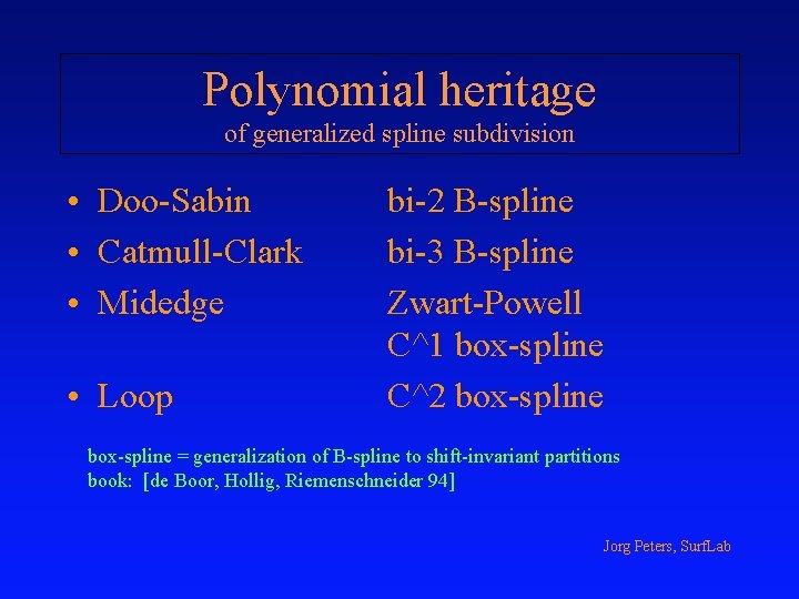 Polynomial heritage of generalized spline subdivision • Doo-Sabin • Catmull-Clark • Midedge • Loop