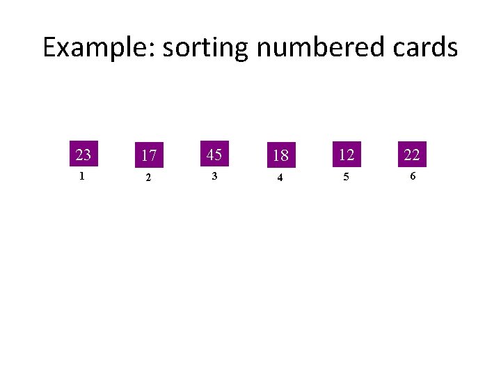 Example: sorting numbered cards 23 17 45 18 12 22 1 2 3 4