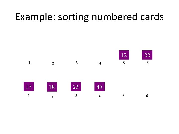 Example: sorting numbered cards 2 3 4 17 18 23 45 1 2 3