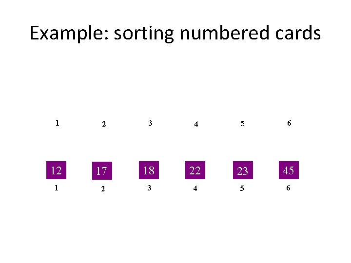 Example: sorting numbered cards 2 3 4 5 6 12 17 18 22 23