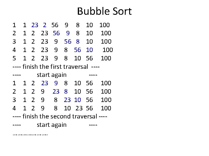 Bubble Sort 1 1 23 2 56 9 8 100 2 1 2 23