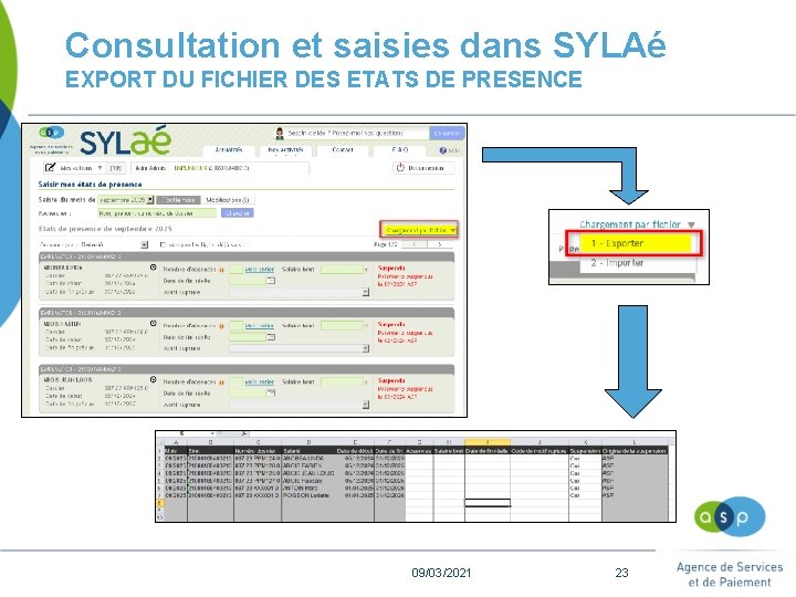 Consultation et saisies dans SYLAé EXPORT DU FICHIER DES ETATS DE PRESENCE 09/03/2021 23