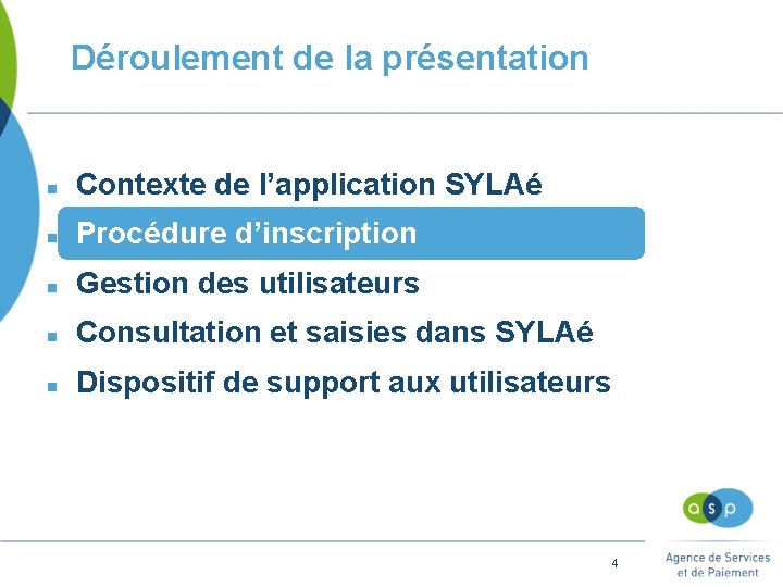 Déroulement de la présentation Contexte de l’application SYLAé Procédure d’inscription Gestion des utilisateurs Consultation