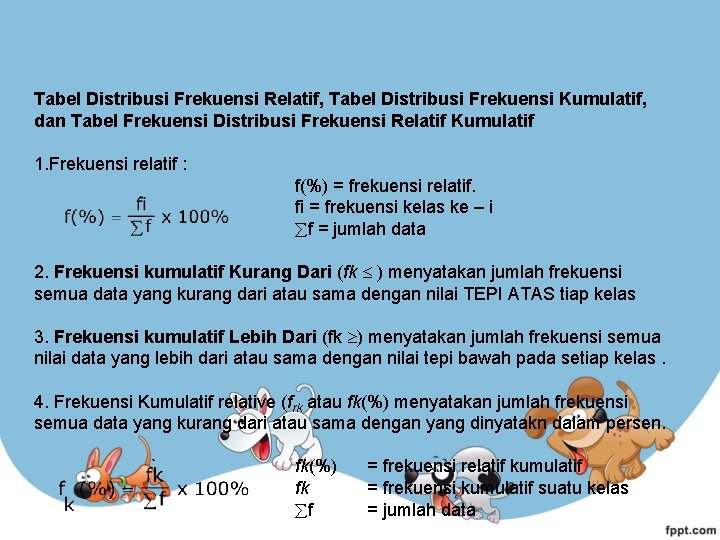 Tabel Distribusi Frekuensi Relatif, Tabel Distribusi Frekuensi Kumulatif, dan Tabel Frekuensi Distribusi Frekuensi Relatif