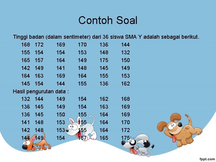 Contoh Soal Tinggi badan (dalam sentimeter) dari 36 siswa SMA Y adalah sebagai berikut.