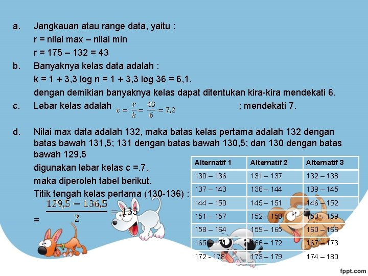 a. b. c. d. Jangkauan atau range data, yaitu : r = nilai max