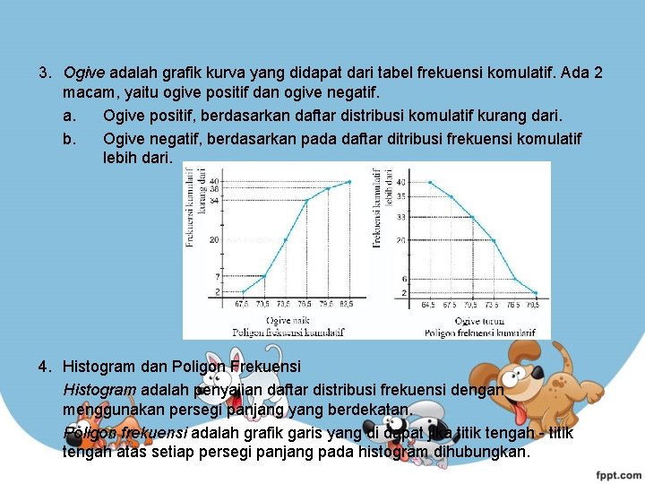 3. Ogive adalah grafik kurva yang didapat dari tabel frekuensi komulatif. Ada 2 macam,