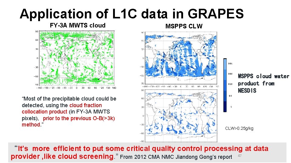 Application of L 1 C data in GRAPES FY-3 A MWTS cloud MSPPS CLW