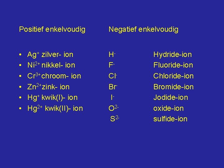 Positief enkelvoudig Negatief enkelvoudig • • • HFCl. Br. IO 2 S 2 -